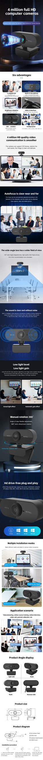 Camera 1080P HD Computer HD USB Camera Built In Microphone USB Network Camera Web Camera For Work With Microphone Tripod