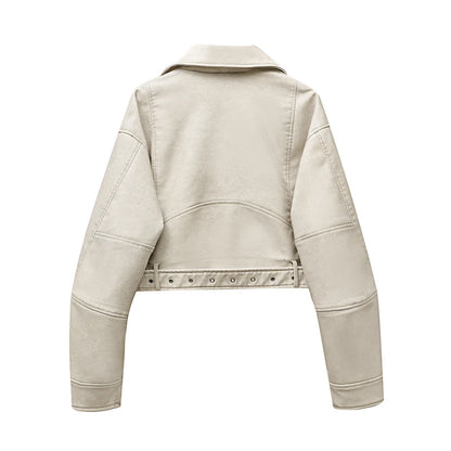 ZVRI 2024 Women Vintage Loose Pu Faux Leather Short Jacket with Belt Streetwear Female Zipper Retro Moto Biker Coat Outwear Tops