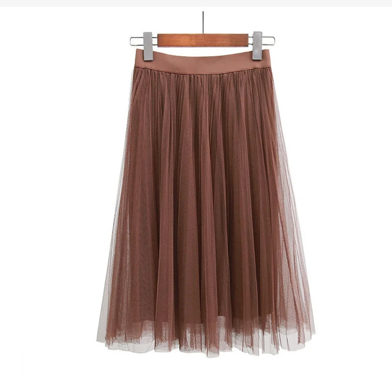 3 Layers Tulle Skirts Womens Black Gray White Adult Tulle Skirt Elastic High Waist Pleated Midi Skirt