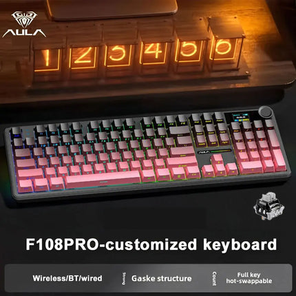 AULA F108 Pro Gaming Mechanical Keyboard Tri Mode Custom Multi-Knob Screen RGB Esports Wireless Keyboard with TFT Smart Display