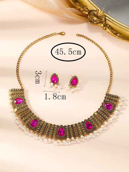 3 PCS Vintage Indian Style Alloy Necklace Earrings Set Exotic Exquisite Pearl Rhinestone Tassel Collar Chain Earrings Palace