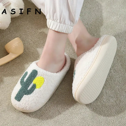 Thick-Soled Cotton Slippers for Men and Women, Non-slip Shoes, Comfortable, Home, Cactus, Warm, Couple, Winter, New Style