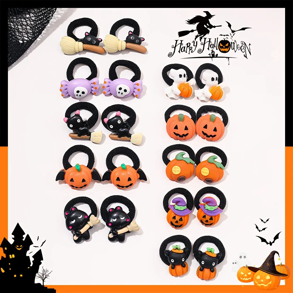 10Pcs Children's Girls' Halloween Hair Ring - Funny Pumpkin and Ghost and Bat Cat Design Suitable for Halloween Gifts for Girls