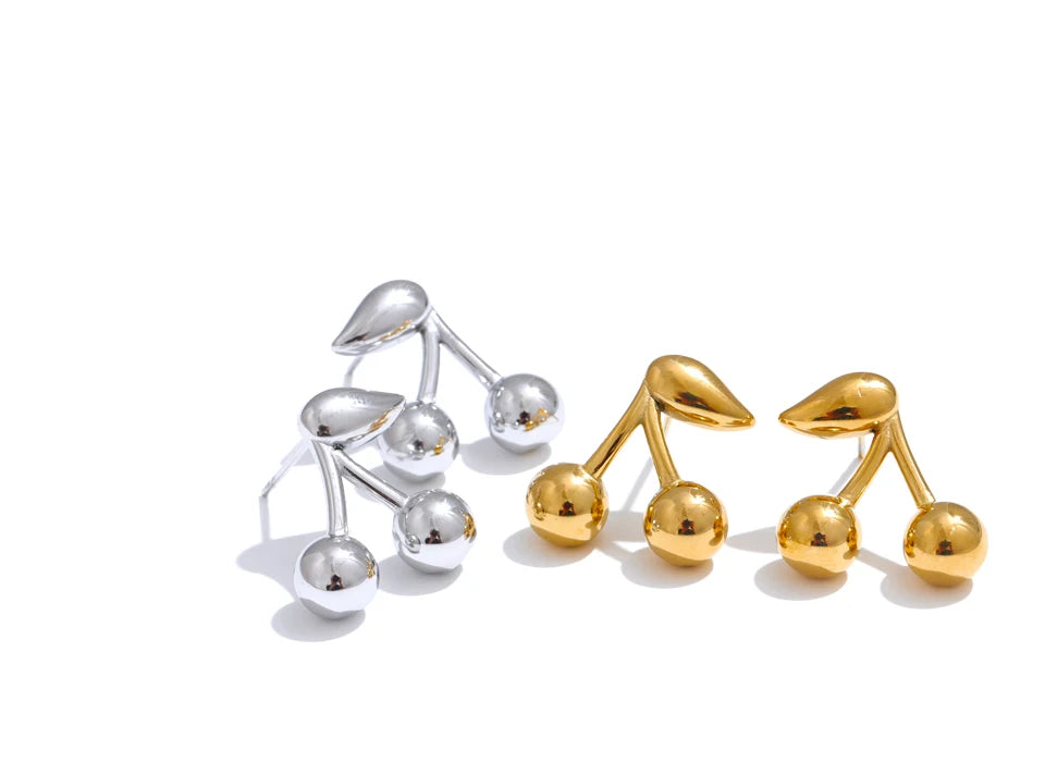 Yhpup 316L Stainless Steel Metal Chic Cherry Golden Stud Earrings Water Resistant Charm Fashion Jewelry 18K PVD Plated Wholesale
