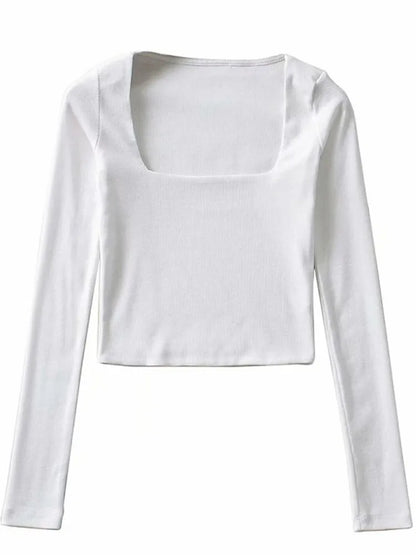 Women Cotton Ribbed Square Neck Crop Top With Long Sleeve