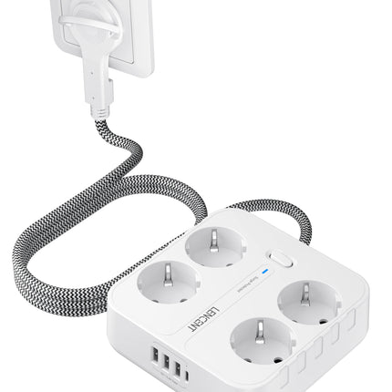 LENCENT EU Plug Power Strip with 4 AC Outlets+ 3 USB+ 1 Type C +2M/3M Braided Cable Multi Socket with Switch for Home/Office