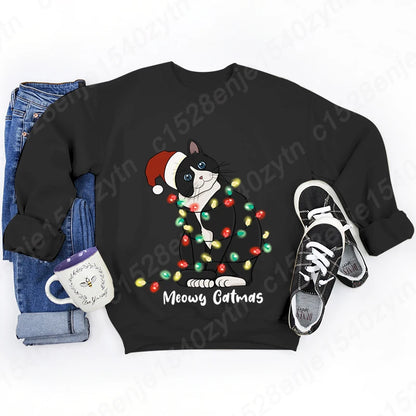 Christmas Light Cat Meowy Catmas Print Sweatshirt Autumn And Winter Sweatshirt Ladies Casual Long Sleeve Hoodless Pullovers Tops