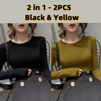 Autumn Office Lady Basic O-Neck Slim T-Shirt Women Solid Multi Color All-Match Trend Casual Top Screw Thread Long Sleeve Elastic