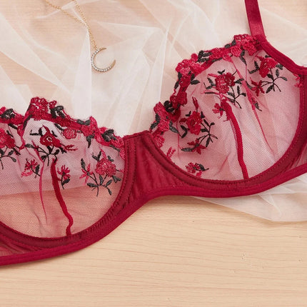 Women Floral Embroidory Underwear Set Sexy Lace Erotic Lingerie Female Bra And Brief Transparent Sensual Push Up Panty Patchwork