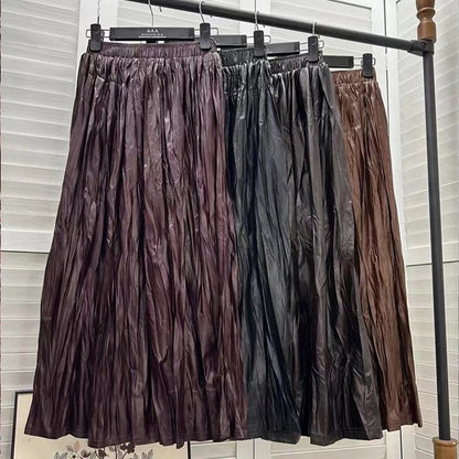 Seoulish Autumn Winter Vintage PU Women's Long Skirts Solid High Waist Korean Pleated Umbrella Skirts Female 2024 New