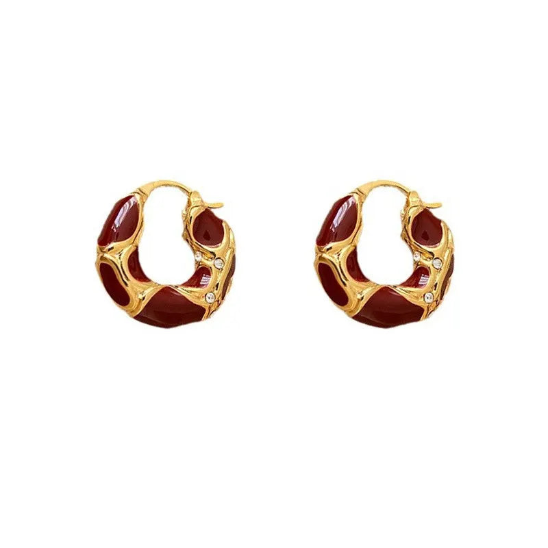 New Vintage Enamel Color Metal Texture Small Hoop Earrings for Women Trendy Gold Plated Statement Ear Buckle Creative Jewelry