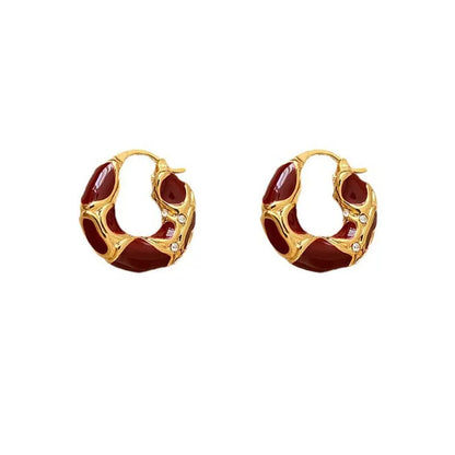 New Vintage Enamel Color Metal Texture Small Hoop Earrings for Women Trendy Gold Plated Statement Ear Buckle Creative Jewelry