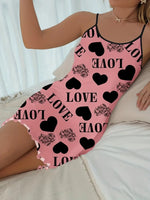 Women Summer Camisole Nightgown Backless Heart LOVE Print Soft Breathable Sleepwear Ruffle Hem Round Neck Night Dress
