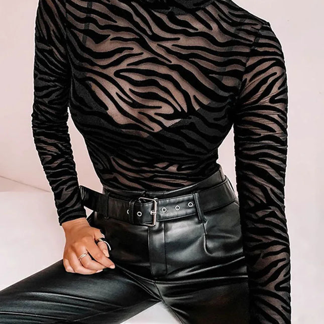 Black Mesh Transparent Sexy Bodysuit Long Sleeve Slim Skinny Stripe Mock Neck Casual Rompers Women Lady Party Club Body