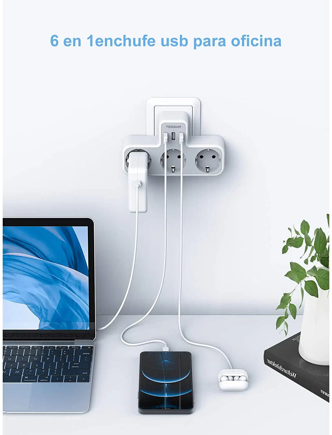 TESSAN EU Plug Power Strip with 3 AC Outlets +3 USB Ports, 6 In 1 Wall Charger Power Socket Adapter Overload Protection for Home