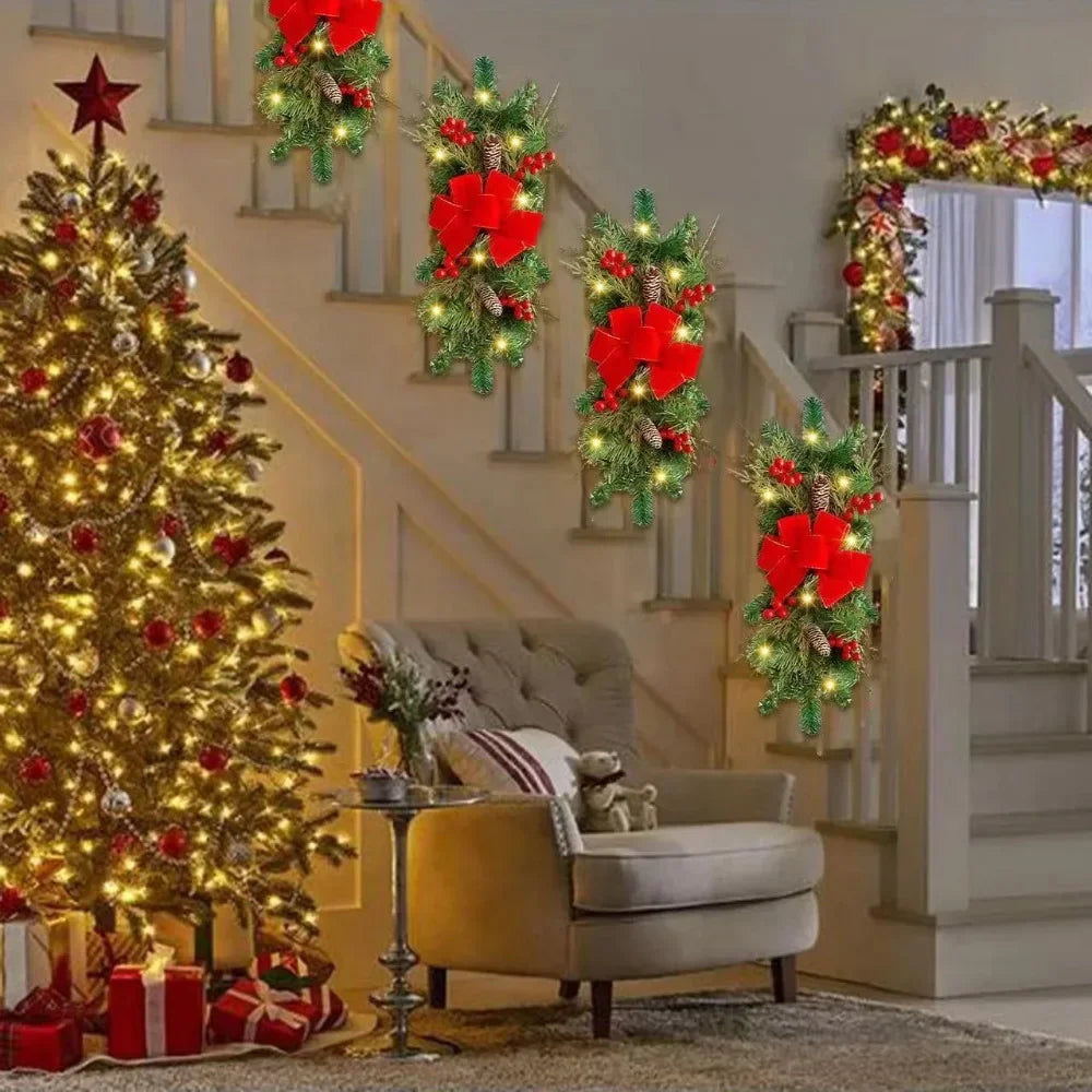 Christmas Wreath Door Decoration LED Staircase Red Rattan Bow Door Wreath Pine Cone Decoration Christmas Wreath Home Decor