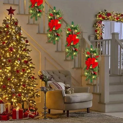Christmas Wreath Door Decoration LED Staircase Red Rattan Bow Door Wreath Pine Cone Decoration Christmas Wreath Home Decor