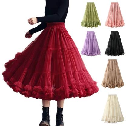 Skirts For Women Ladies A Line Layered Tulle Elastic Waist Midi Length High Waist Solid Color Mesh Casual Lace Cake Skirt