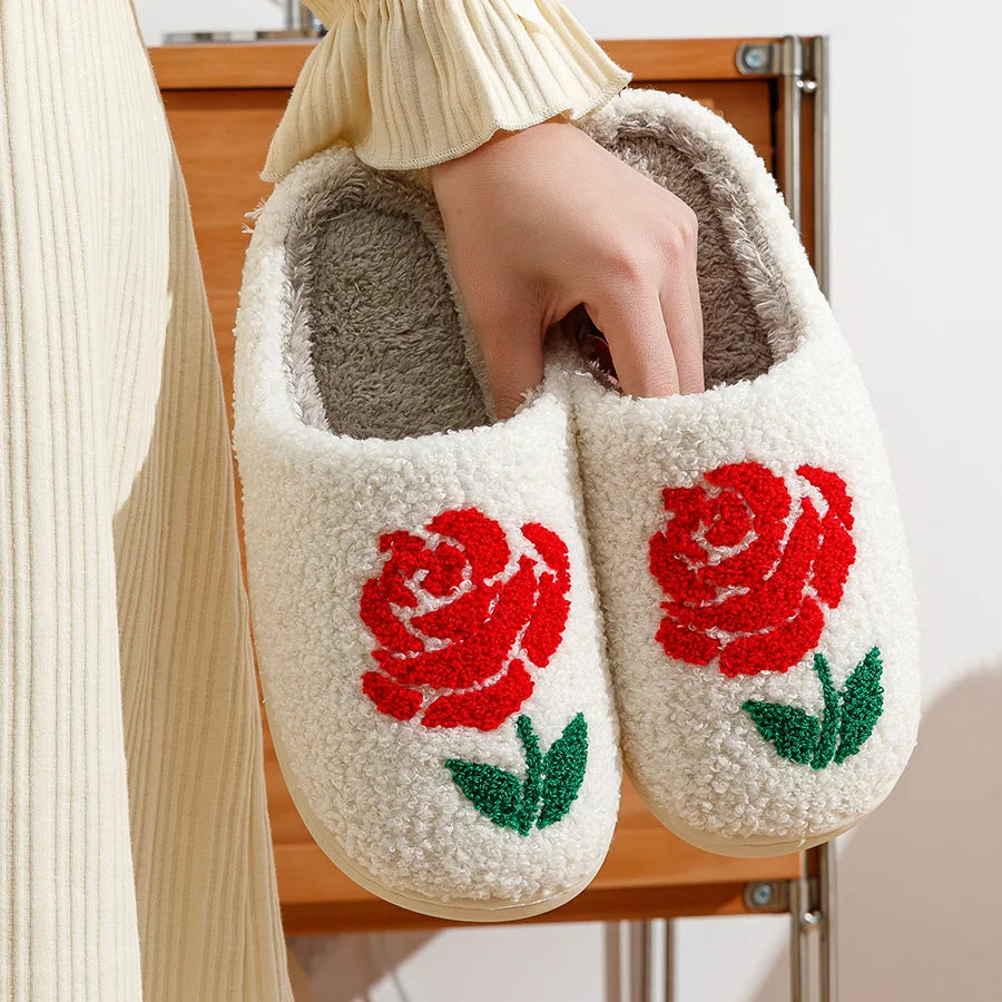 Romantic Rose Women Slippers Valentine's Day Embroidery Fuzzy Love Comfy Flat Bedroom Valentine Gift Winter Home Girls Shoes