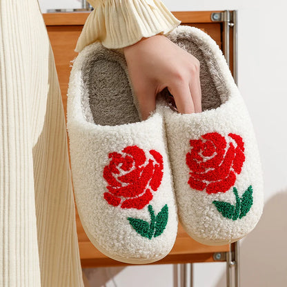 Romantic Rose Women Slippers Valentine's Day Embroidery Fuzzy Love Comfy Flat Bedroom Valentine Gift Winter Home Girls Shoes