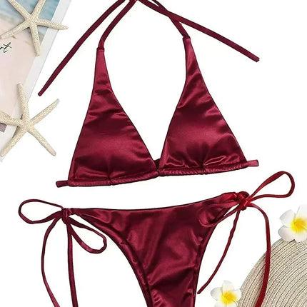 Halter Brazilian Metallic Satin Bikini Women Swimwear Female Swimsuit Two-pieces Bikini Set High Cut Bathing Suit Swim Beachwear