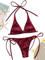 Halter Brazilian Metallic Satin Bikini Women Swimwear Female Swimsuit Two-pieces Bikini Set High Cut Bathing Suit Swim Beachwear