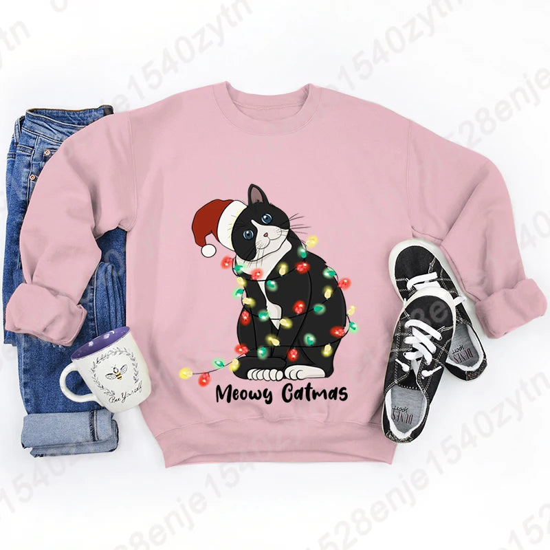 Christmas Light Cat Meowy Catmas Print Sweatshirt Autumn And Winter Sweatshirt Ladies Casual Long Sleeve Hoodless Pullovers Tops