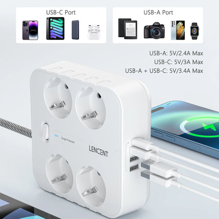 LENCENT EU Plug Power Strip with 4 AC Outlets+ 3 USB+ 1 Type C +2M/3M Braided Cable Multi Socket with Switch for Home/Office