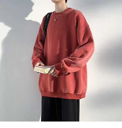 New Autumn Round Neck Washed  Men's Hoodie Sweatshirt  Couple Long Sleeve Loose Europe and America Street Boy Pullover Sweater