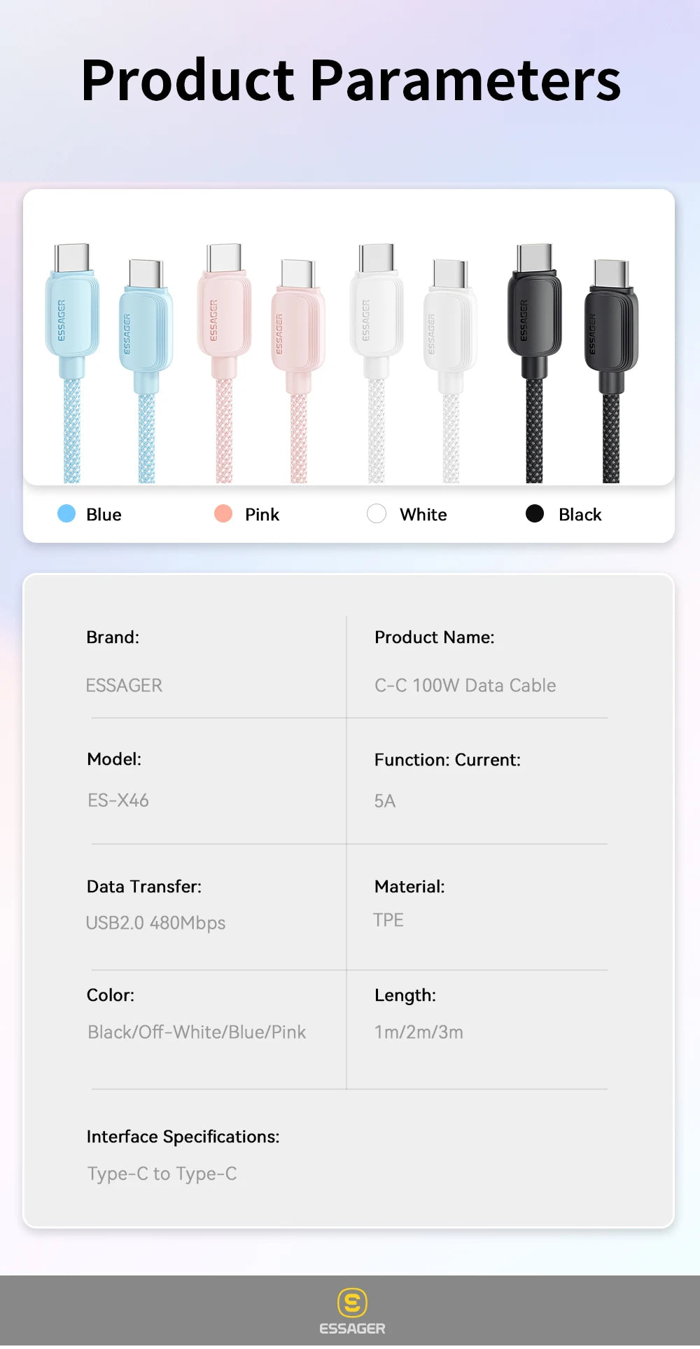 Essager 100W USB Type C To USB C Cable 5A PD Fast Charging Cable Type C Wire For Xiaomi Samsung Huawei Oppo Oneplus Macbook iPad