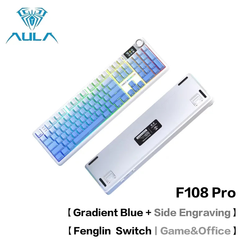 AULA F108Pro/F108 Wireless Bluetooth tri-mode connection, multi-functional display, Gasket structure, RGB lighting effects