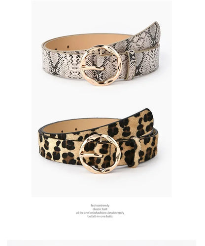 Women's Personalized Leopard Patterned Snake Patterned Belt with Gold Buckle for High-end Fashion and Fashionable Wear