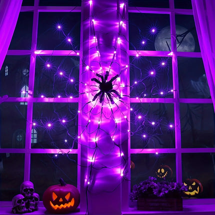 Halloween Spider Web Light w/ Giant Spider - 8 Modes, Remote Control, USB Powered for Spooky Indoor Outdoor Decor