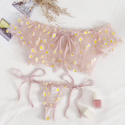 Sexy Fancy Lingerie Set 2 Pieces Transparent Halter Off Shoulder Women's Underwear Beautiful Daisy Print Bra And Panty Sets