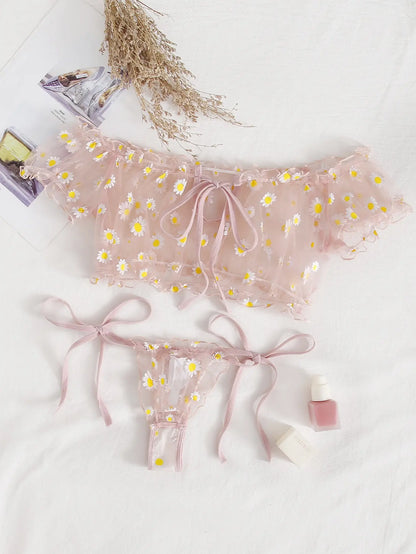 Sexy Fancy Lingerie Set 2 Pieces Transparent Halter Off Shoulder Women's Underwear Beautiful Daisy Print Bra And Panty Sets