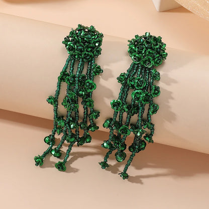 INS Japan and South Korea's popular floral tassels, silver needles, long rice bead earrings, earrings, accessories, commuting tr