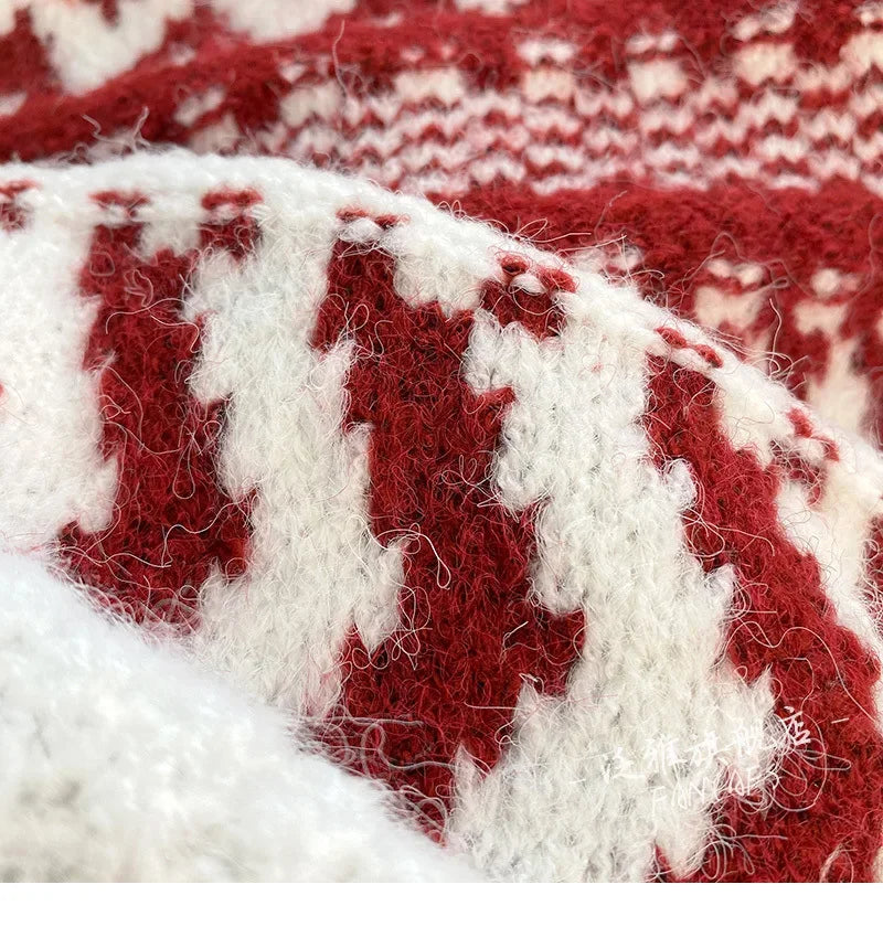 Vintage New Year Red Sweater Women's Autumn/Winter Outerwear Thickened Lazy Christmas Spirit Design Sensibility Loose-Fit Soft A