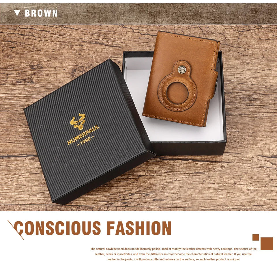 Anti-scan Magnet Credit Card Holder Wallet Genuine Leather Automatic Pop Out Aluminum Smart Wallets Luxury AirTag Purse Set