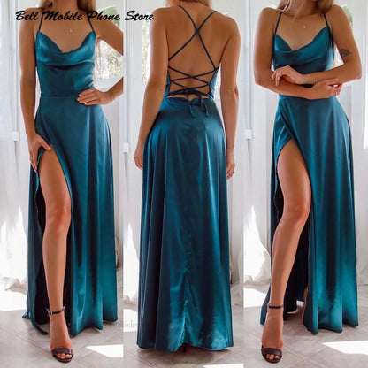 Elegant Women Sexy Satin Prom Dress Summer Sexy Blue High Slits Graduate Evening Long Dress Ladies Backless Lace Up Party Robes