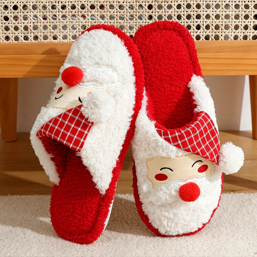 Winter Christmas Cute Santa Claus Women's Slippers Indoor Warm Soft Sole Bedroom Leisure Fluffy Plush Homeshoes for Gift
