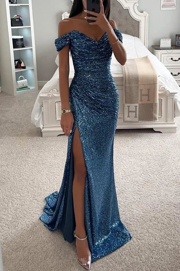 Women's S-XL Size New Party Sequins One line Neck Split Dress INS Casual Versatile Fashionable Charming Slimming Dress for Women