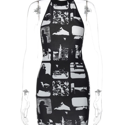 Hugcitar Vintage Print Halter Sleeveless Backless Sexy Slim Bodycon Mini Dress 2023 Summer Y2K Outfit Streetwear Nightclub Biker