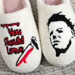 Horror Thriller Movie Michael Myers Halloween Embroidered Stuffed Home Thick-Soled Plaid Stuffed Cotton Slippers Cute Warm Anti-Slip Indoor Slippers for Gifts