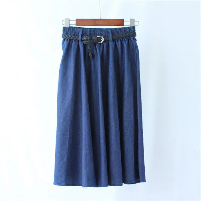 Women Skirt Sweet Vintage Literary Style Elastic High Waist Solid Color Wild A-Line Denim Long Paragraph