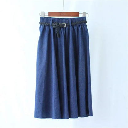 Women Skirt Sweet Vintage Literary Style Elastic High Waist Solid Color Wild A-Line Denim Long Paragraph