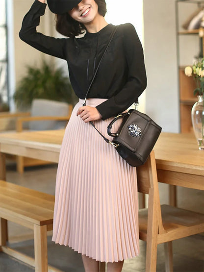 Spring and Autumn New Fashion Women's High Waist Pleated Solid Color Half Length Elastic Skirt Promotions Lady Black Pink