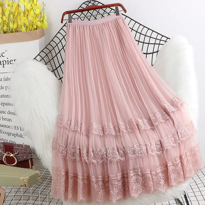 Fashion High Waist Tulle Midi Skirts Woman Lining Mesh Lace Patchwork Kawaii Harajuku Dance Bridesmaids Skirt Women