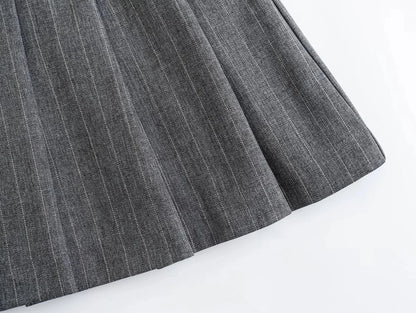 TRAF 2024 Spring Women Fashion Grey 2 Piece Sets Woman Pinstripes Pockets Slim Blazer Coat + Zipper Versatile Female Mini Skirts