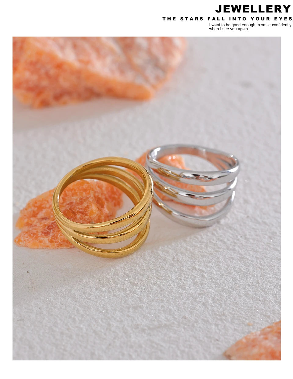 Yhpup Stainless Steel Geometric Hollow Layered Wide Ring Metal Texture Waterproof Daily Simple Stylish Golden Jewelry for Women