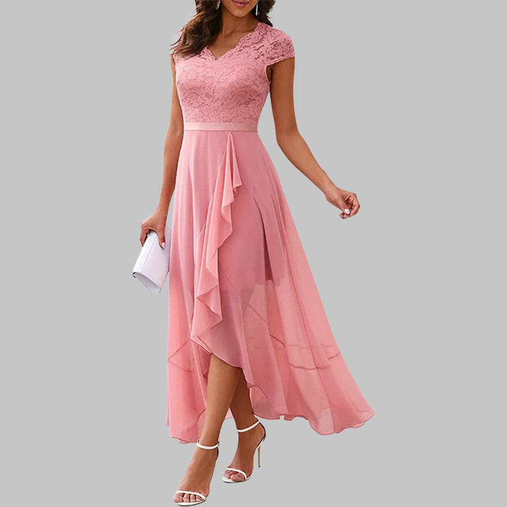 Women New Evening Party Dress Summer Elegant Fashion Sleeveless Lace Spliced Chiffon Ruffled Irregular Hem Cocktail Long Dresses